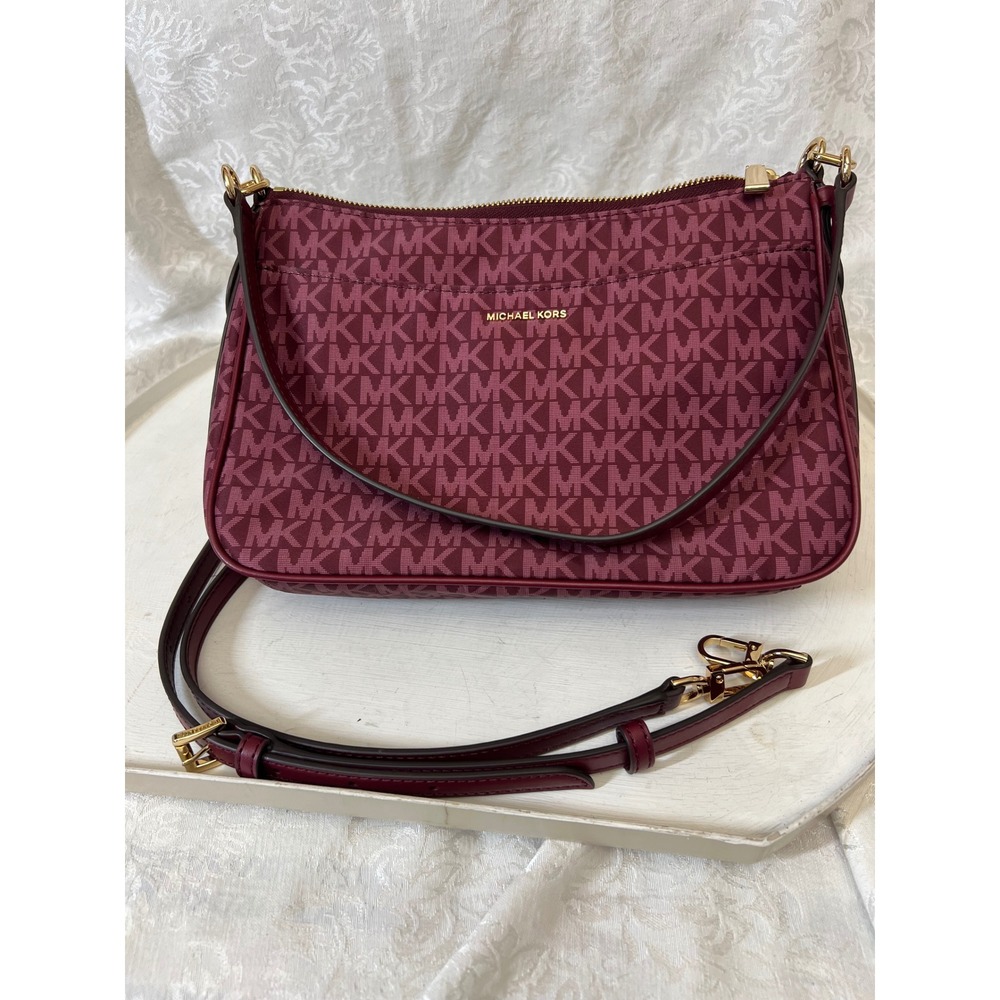 Michael Kors Monogram Logo Crossbody Bag Burgundy Plum Gold Tone M4J454F